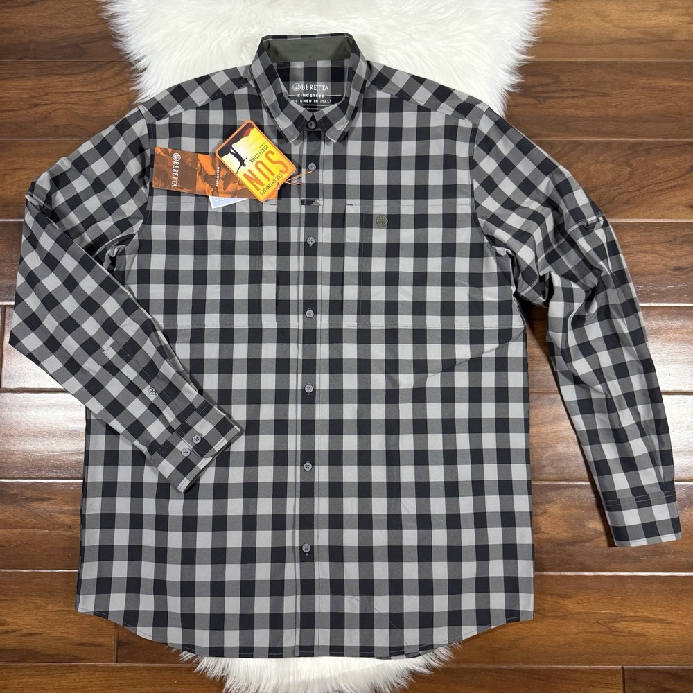 Beretta Men's Size XL Gray Black Check Hovis Flex Button Up Shirt Long Sleeve‎